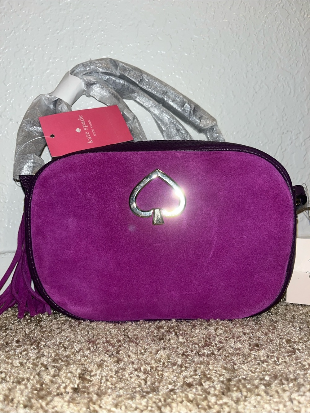 kate spade Purple Suede Crossbody with Silver Spade Logo